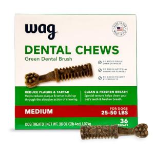 Amazon Brand - Wag Dental Dog Treats to Help Clean Teeth & Freshen Breath - Medium, Unflavored, 36 Count (Pack of 1)