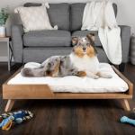 Elevated Dog Bed - 36” x 29.5” Indoor Pet Bed with Frame and Soft Cushion - Mid-Century Modern Wood Dog Bed for Medium to Large Pets by PETMAKER (Natural)