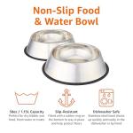 Amazon Basics Stainless Steel Non-Skid Pet Dog Water And Food Bowl, 2-Pack (10 x 2.8 Inches), Each Holds Up to 38oz