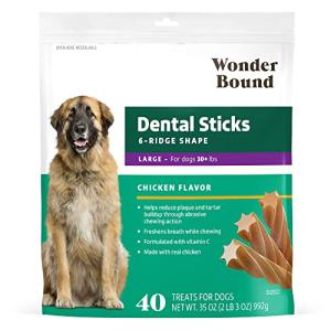 Amazon Brand - Wonder Bound Chicken Flavor Dental Sticks for Large Dogs (Over 30 lbs), 6-Ridge Shape for Plaque & Tartar Control, Freshens Breath, Made With Real Chicken, 40 Count (Pack of 1)
