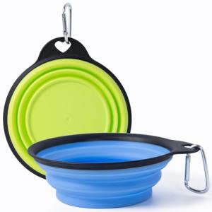 SLSON Dog Bowls Collapsible Pet Travel Feeder, 2Pack Integrated Molded Reinforced Rim Cat Water Dish Lightweight Foldable Food Dispenser for Pets Walking Parking Camping,Green and Blue,Small