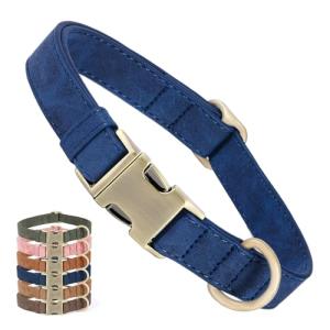Genuine Leather Dog Collar - Adjustable Pet Collar with Quick Release Metal Buckle, Soft Skin Friendly Real Leather Collar for Small, Medium, Large Dogs (Blue, M：Fit 12-20" Neck)
