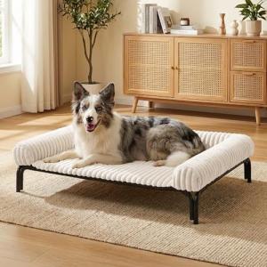 Elevated Dog Bed with Removable Fluffy Pillow Cushion, Raised Pet Cot Washable Bolster, Dog Couch Sofa, Anti Slip Feet, Cream, 43"×32"