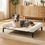 Elevated Dog Bed with Removable Fluffy Pillow Cushion, Raised Pet Cot Washable Bolster, Dog Couch Sofa, Anti Slip Feet, Cream, 43"×32"