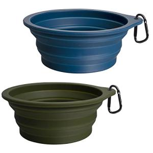 PetBonus 2-Pack Silicone Collapsible Dog Bowls, BPA Free Dishwasher Safe, Portable Foldable Expandable Travel Bowl, Food Water Feeding Cup Dish for Dogs Cats with 2 Carabiners (Army Green, Navy Blue)