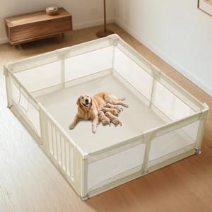 Dog Playpen with Door, Whelping Box/Potty Training for Dogs, 71x59x24 Inch Spacious Safe Play Area, Non-Slip Design Dog Pen Indoor, Beige