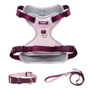 No Pull Dog Harness Leash and Collar Set, Soft Adjustable Dogs Vest Reflective and Comfortable Handle Pink Medium