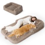 Bedsure Foldable Human Dog Bed - 2 in 1 Flexible Giant Human Dog Bed for Adult People with Supportive Bolster Egg Foam, Waterproof Liner, Calming Fluffy Faux Fur Orthopedic Big Bean Bed, Camel