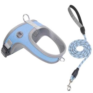 Dog Harness and Leash Set, No Pull Saddle Style Pet Harness, Breathable Mesh Adjustable Reflective Dog Vest for Dogs and Cat Medium Small Harness 2 D-Rings (Blue, M)