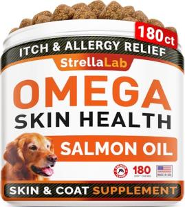 STRELLALAB Omega 3 for Dogs - (180Ct) Fish Oil Treats - Allergy & Itch Relief Skin & Coat Supplement - Dry Itchy Skin, Anti Shedding & Hot Spots Treatment - Pet Salmon Oil Chews - Salmon Flavor