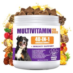 40 in 1 Dog Vitamins and Supplements 200Ct Dog Multivitamin Chewable, Immunity Support Multivitamin Vitamins with Turkey Tail Mushroom, Skin & Coat, Mobility, Gut & Heart Health, Hip & Joint Support