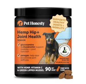 Senior Hemp Hip & Joint Support, Hemp for Dogs, Mobility Support for Senior Dogs, Glucosamine, Collagen, MSM, Green Lipped Mussel, Helps Discomfort (Peanut Butter, 90)