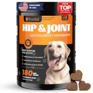 Zozdal Joint Supplement for Dogs, 180 Chicken Flavor Chews, Glucosamine Chondroitin with MSM, Turmeric & Green Lipped Mussel, for Large Breed & Senior Dogs, Hip & Joint Pain Relief and Health Support