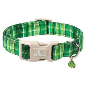 Maca Bates St. Patricks Dog Collar with Clover Charm,Irish Green Plaid Pattern for Medium Girl Boy Dogs, Adjustable Durable Soft Gingham Collars St Patrick Gift for Male Female Puppy