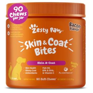 Zesty Paws Omega 3 Fish Oil for Dogs - Zesty Paw Dog Vitamins and Supplements for Hip, Joint & Skin, Bacon (90 Chews)