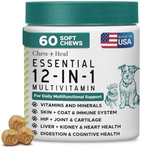 Dog Multivitamin Chewable - Chew + Heal 12-in-1, 60 Ct, Puppy & Senior Dog Vitamins & Supplements for Hip & Joint, Skin & Coat, Immune Support with Glucosamine, Omega 3,6,9, Probiotics, Chicken Flavor