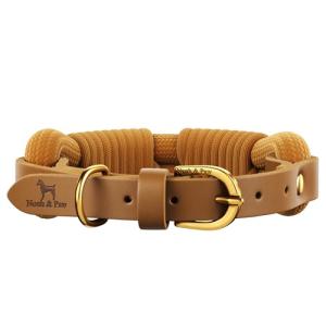 NOAH & PAW Dog Collar for Medium Dogs, Genuine Leather Medium Dog Collar with Paracord, Heavy Duty Metal Buckle, Unisex Colors for Girl and Boy, Neck Size 14"-19" (Camel).