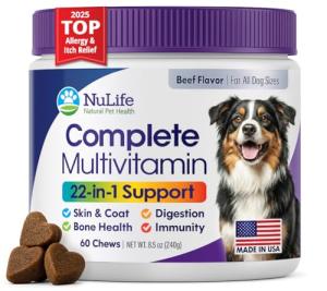Dog Multivitamin Chewable - 22 in 1 Dog Vitamins and Supplements with Green Lipped Mussel & Omega 3 for Joints, Skin & Coat, Immune System - Senior & Puppy Multivitamin for Dogs - 60 Beef Chews