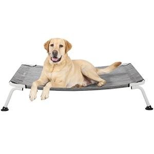 Veehoo Elevated Dog Bed for Outdoor, Cooling Waterproof Raised Dog Cots Beds for Large Dogs, Curved Off Ground Pet Hammock Cot Lifted for Outside, up to 85lbs, White Legs, Black Silver 42"