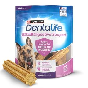 DentaLife Plus Digestive Support Dog Treats for Large Dogs 40 lbs. and up, Cleans Teeth, Freshens Breath, & Supports Healthy Gut, Chicken & Pumpkin Flavor, 22.6 oz., 19 Chews - 19 ct. Pouch