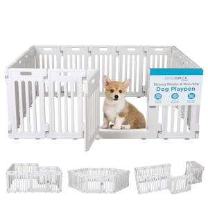 BIRDROCK HOME Dog Playpen w/Door, 16 Panel, 25.6in H | Strong Plastic, Non-Slip Puppy Playpen, Secure Pet Gate | Indoor Outdoor Fence | Configurable Panels | Medium to Large Pets - White
