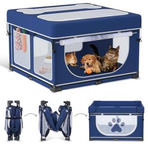 LOOBANI Foldable Dog Playpen with Cover: 1 Min Setup Pet Puppy Playpen Indoor, Sturdy Reinforced Steel/Iron Frame Dog Fence, Portable Whelping Box for Home Dog Cat Rabbit-43.3"x43.3"x27.1"│Patented