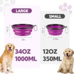 Collapsible Dog Bowl 2 Pack, Dog Water Bowls for Travels, Portable Foldable Pet Bowls Feeding Watering Dish for Parking Walking Camping with 2 Carabiners Clip (12oz, Small, Grey+Purple)