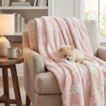 Horaldaily Pets Flannel Blanket, Pink Leaves 3D Textured Soft Fuzzy Fluffy Plush Cozy Fleece Premium Blankets for Dog Cat Puppy Kitten Couch Protection, 30x40