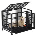 Shintenchi 48 inch Heavy Duty Crates for Large Dog, Indestructible and Escape-Proof Cage Kennel with Lockable Wheels, Double Door High Anxiety with Removable Tray, Black