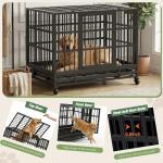 Shintenchi 48 inch Heavy Duty Crates for Large Dog, Indestructible and Escape-Proof Cage Kennel with Lockable Wheels, Double Door High Anxiety with Removable Tray, Black