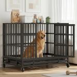 Shintenchi 48 inch Heavy Duty Crates for Large Dog, Indestructible and Escape-Proof Cage Kennel with Lockable Wheels, Double Door High Anxiety with Removable Tray, Black