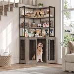 FACBOTALL Corner Dog Crate Furniture with Storage, Decorative Large Dog Kennel Indoor Furniture with Double Doors, 2 Safety Locks, 4-Tier Shelves, Large Dog Cage Furniture for Medium and Big Dogs