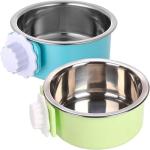 kathson Crate Dog Bowl, Removable Stainless Steel Hanging Pet Kennel Cage Bowl Food & Water Feeder Coop Cup for Puppy, Cat, Rabbit, Guinea Pigs Ferret Bird (2 PCS, Size: M, Blue and Green)