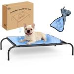 SZEE Raised Dog Cot Bed with Detachable 2-Sided Cooling/Warming Waterproof Mat, Elevated Dog Bed for Medium Sized Breeds with Durable Steel Frame & Sturdy Teslin Mesh, Outdoor & Indoor All-Season Use