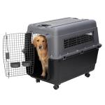 SportPet Airline Compliant X-LARGE 32.25" Travel Dog Kennel-Durable Plastic Airline Pet Carrier w/Removable Wheels & Food Bowls, Collapsible Indoor/Outdoor Dog Kennel, Dogs up to 32"L & 23"H-Dark Gray