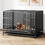 HIWOKK 48 Inch Heavy Duty Indestructible Dog Crate Steel Escape Proof, Indoor Double Door High Anxiety Cage, Kennel with Wheels, Removable Tray, Extra Large XL XXL