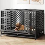 HIWOKK 48 Inch Heavy Duty Indestructible Dog Crate Steel Escape Proof, Indoor Double Door High Anxiety Cage, Kennel with Wheels, Removable Tray, Extra Large XL XXL