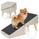 Casremee 2-in-1 Foldable Dog Ramp for Couch and Bed, 14.4" H Dog Ramps for Small Dogs and Cats, Wooden Pet Stairs with Non-Slip Mat & Side Pockets, Split Ottoman Pet Ramp Steps for Medium Dogs, Puppy