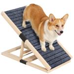 Adjustable Wooden Dog Ramp for Small & Medium Dogs, 27.6" Long x 11.8" Wide Portable Pet Ramp for Bed, Couch, Sofa & Car, Anti-Slip Carpet, Lightweight Foldable Indoor Outdoor Travel Dog Ramp