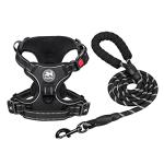 PoyPet Dog Harness and Leash Combo, Escape Proof No Pull Vest Harness, with 5 Feet Leash, Reflective Adjustable Soft Padded Pet Harness with Handle for Small to Large Dogs(Black,M)