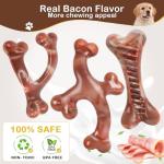 NOUGAT Indestructible Dog Toys - 3 Pack Tough Nylon Bacon Flavor Chew Toys for Large, Medium & Small Breeds