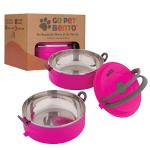 Healthy Human Travel Pet Bento Bowls - Human-Grade Stainless Steel & BPA-Free, Leak-Proof Water & Food Container Set for Dogs & Cats, 2-Pack Interlocking Bowls, Includes Spare Clips & Handle (Pink)