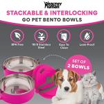 Healthy Human Travel Pet Bento Bowls - Human-Grade Stainless Steel & BPA-Free, Leak-Proof Water & Food Container Set for Dogs & Cats, 2-Pack Interlocking Bowls, Includes Spare Clips & Handle (Pink)