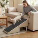 Dog Safety Ramps, Foldable 2-in-1 Wooden Pet Stairs & Steps & Ottoman, Solid Wood Anti-Slip & High-end Leather Material Pet Ramp, Split Ottoman Design, Pet Steps for Puppy Senior Injured Dogs