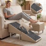 Dog Safety Ramps, Foldable 2-in-1 Wooden Pet Stairs & Steps & Ottoman, Solid Wood Anti-Slip & High-end Leather Material Pet Ramp, Split Ottoman Design, Pet Steps for Puppy Senior Injured Dogs