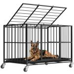 48 Inch Heavy Duty Dog Crate Steel Escape Proof, Indoor Double Door High Anxiety Cage, Removable Tray, Large Dog Kennel with Wheels,XL XXL