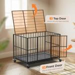 48 Inch Heavy Duty Dog Crate Steel Escape Proof, Indoor Double Door High Anxiety Cage, Removable Tray, Large Dog Kennel with Wheels,XL XXL