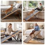 Veehoo Folding Dog Ramp for Bed Couch, 65" Long Stairs for Dogs to Get on High Bed with Platform and 5 Adjustable Height 20" to 31“, Wooden Senior Dog Ramp Steps for Small to Large Dogs, up to 220lbs