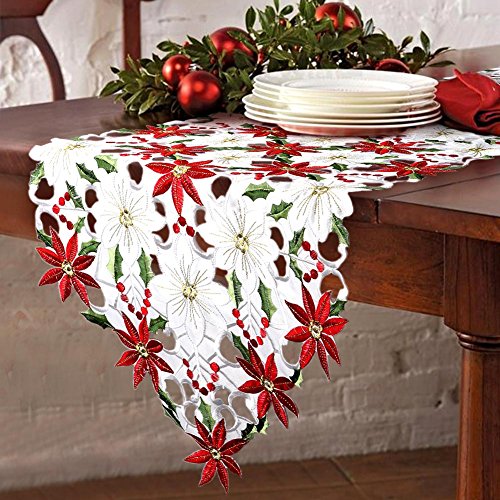 Embroidered Christmas Table Runner with Poinsettia Design