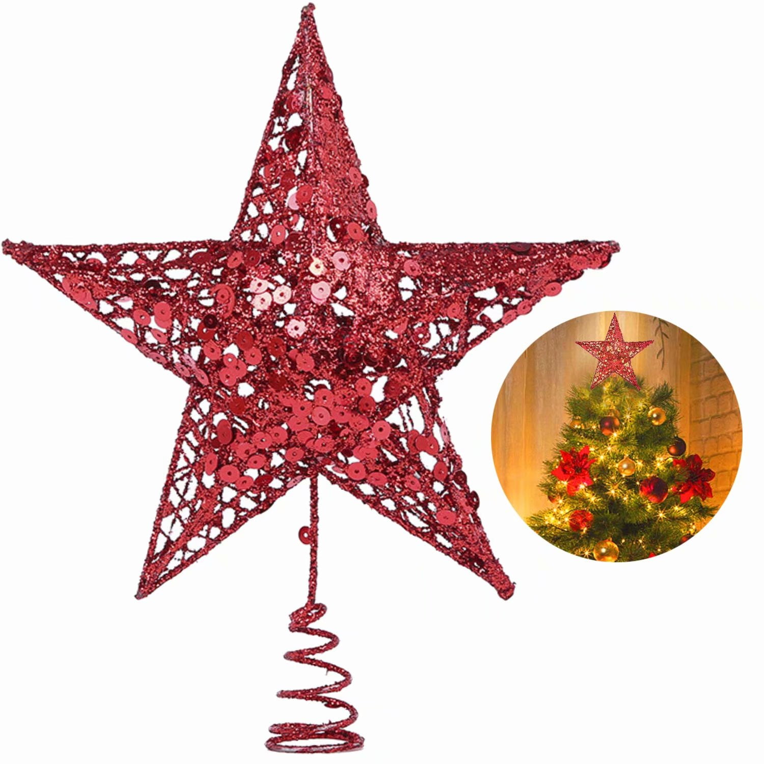 Glittered Christmas Tree Star Topper - Red